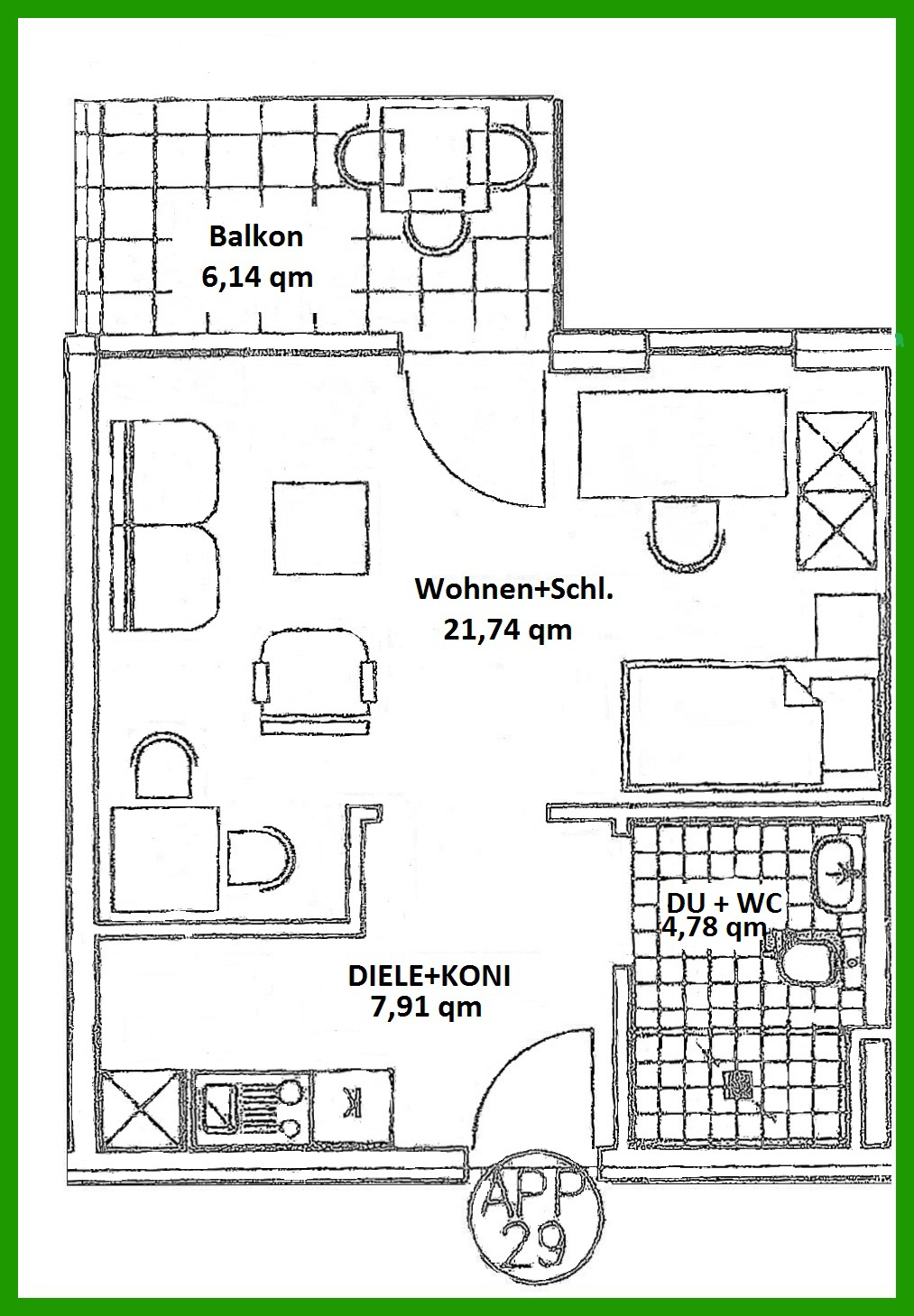 Beispiel Appartement Grundriss 36,47qm
